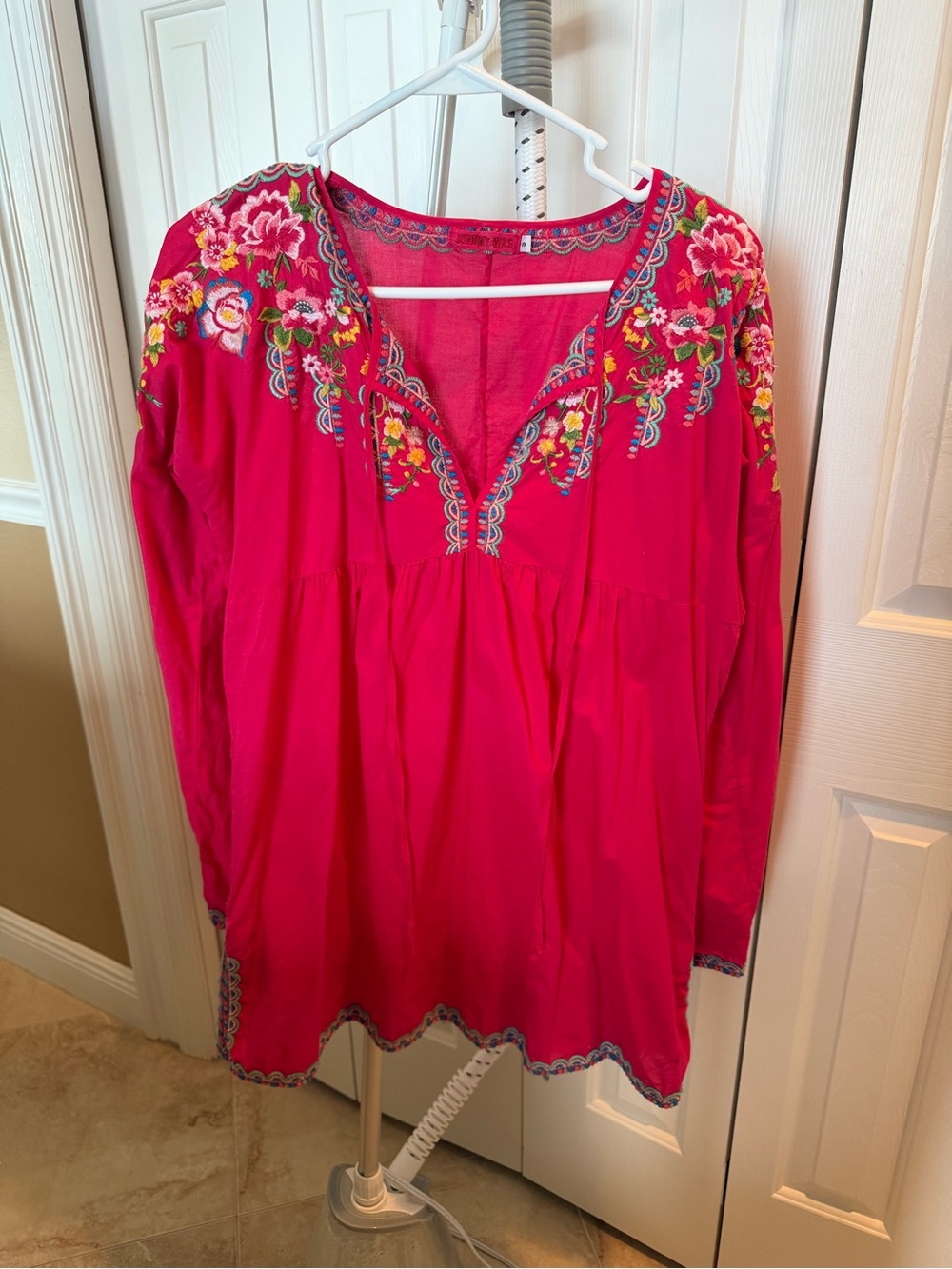 Johnny Was Hot Pink Embroidered Peasant Tunic